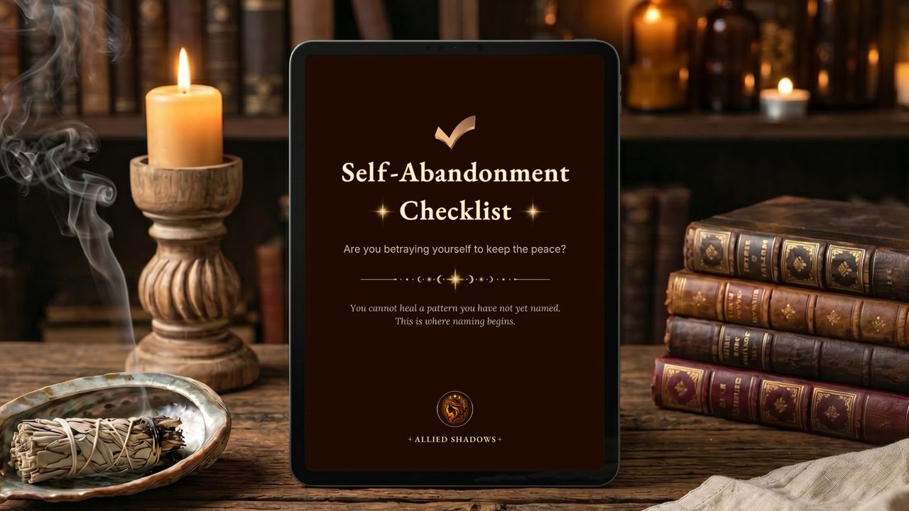 The Self-Abandonment Checklist — guide cover displayed on a tablet in a candlelit study with sage and old books